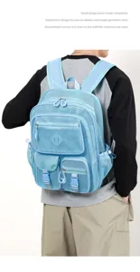 Close-up detail of light blue mesh backpack, featuring multi-pockets and breathable design.