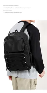 Detail view of the black mesh backpack showcasing breathable fabric and storage pockets.