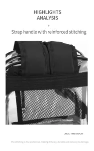Nahaufnahme des klaren PVC-Rucksacks mit verstärkten Nähten am robusten Riemengriff.