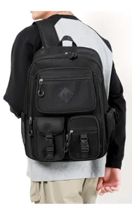 Black mesh backpack with multiple pockets, breathable large capacity school and travel bag.