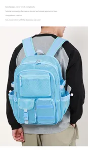 Vista dettagliata dello zaino in rete azzurro chiaro, con tasche con zip e spallacci.