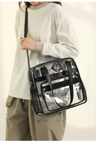Clear PVC travel shoulder bag with multiple pockets and black straps for concerts and daily use.