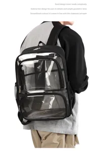 Transparenter Rucksack Detail mit PVC Hauptfach, schwarzem Besatz und Fronttasche.