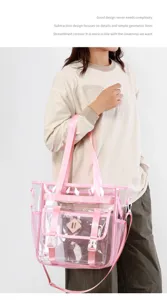 Clear PVC transparent beach tote bag detail showing pink straps and front pocket design.
