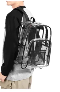 Klarer transparenter PVC Rucksack mit grossem Fassungsvermoegen und vielen Taschen