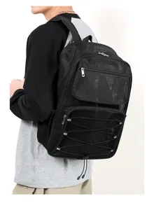 Black mesh backpack with front zipper pocket and elastic cord for beach and fitness use.