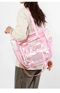 Clear PVC Tote Bag Waterproof Transparent Beach Bag with Pink Straps Large Capacity Travel