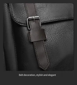 Vista dettagliata dello zaino in pelle PU vintage con elegante decorazione con fibbia di cintura.
