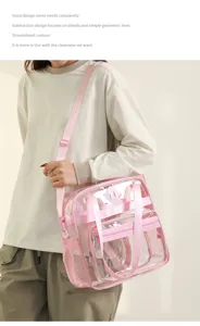 Detail view of the clear pink PVC shoulder tote bag, featuring multi-pockets and stylish straps.