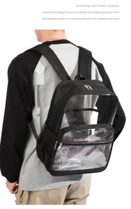 Detailansicht des transparenten Vordertaschen-Schulrucksacks in Schwarz mit Schultergurten.