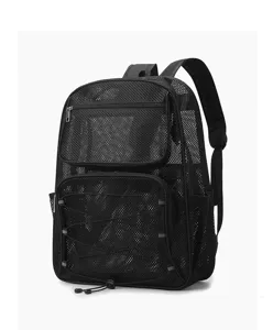 Black mesh backpack detail, casual beach gym sports daypack with front pocket and cords.
