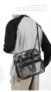 Clear PVC shoulder bag detail showing multi-pocket design and durable waterproof material.