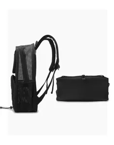 Detailed side view of black mesh backpack with matching pouch, breathable sports gear