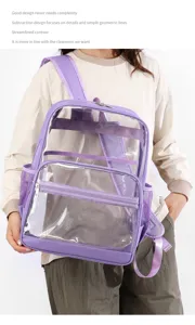 Transparenter PVC Rucksack Detailansicht mit lila Besatz und praktischer Fronttasche.