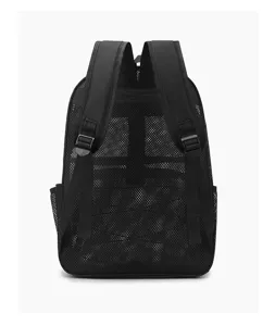 Black mesh backpack back view detail, breathable fabric straps and adjustable buckles.