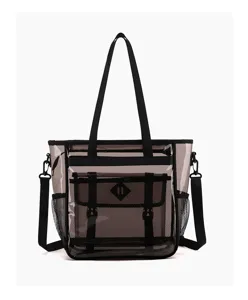 Clear PVC tote bag detail showing mesh front pocket, durable black straps and spacious design.
