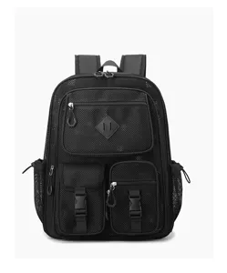 Black mesh backpack with multiple pockets, casual beach daypack and bookbag design.