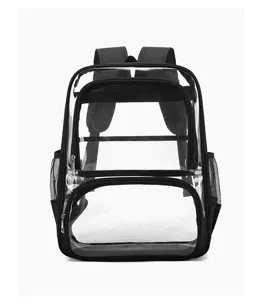 Transparenter Rucksack Detailansicht mit grossem Hauptfach, Reissverschlusstasche und Netzen.