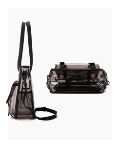 Clear PVC beach travel bag detail, showing transparent waterproof storage and durable mesh pockets.