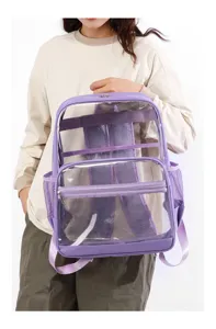 Transparenter PVC Studenten Rucksack mit grosser Kapazitaet und stilvollem lila Rand