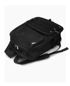 Black mesh backpack detail showing multi-layer front zipper pockets and elastic cords.