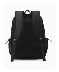 Black mesh backpack detail showing breathable back panel and adjustable shoulder straps
