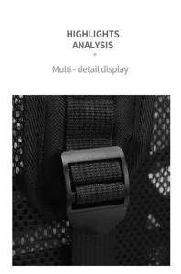 Close-up detail of black mesh backpack strap adjustment buckle, durable material and design.