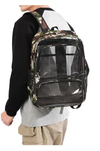 Detailansicht des transparenten Tarn-Rucksacks mit sichtbaren Taschenkompartimenten.