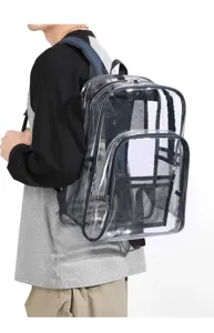 Transparenter PVC Rucksack Detailansicht mit Netzfächern und robusten Reißverschlüssen.