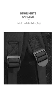 Close-up of durable black mesh backpack strap, adjustable buckle and breathable fabric detail.
