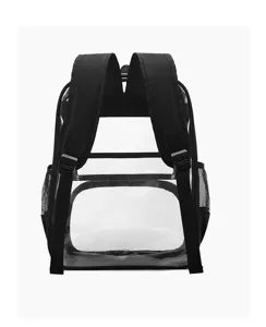 Transparenter Rucksack Detailansicht mit strapazierfähigen schwarzen Trägern und Netztaschen.