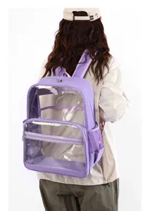 Transparenter Rucksack grosse Kapazitaet PVC Schultasche mit lila Einfassung und Netztaschen