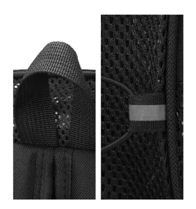 Close-up view of the black mesh backpack featuring breathable hollow fabric and reflective strip.