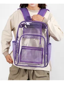 Transparenter PVC-Rucksack mit mehreren Netztaschen und lila Besatz für den täglichen Gebrauch.