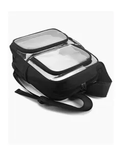 Transparenter Rucksack mit vielen Taschen, Schultasche und Stadion Detailansicht schwarz.