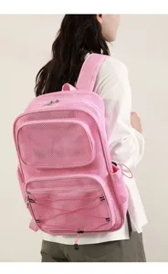 Zaino da spiaggia in rete rosa multi tasche borsa sportiva fitness vista dettagli