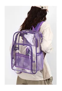 Transparenter PVC Rucksack mit lila Rand und mehreren Taschen, ideal für den täglichen Gebrauch.