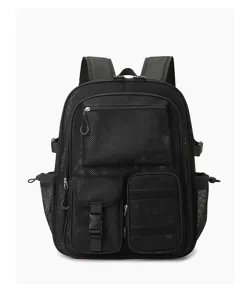 Zaino in rete nera con tasche multiple, borsa traspirante per viaggi, spiaggia e scuola.