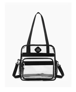 Clear PVC tote bag with black straps, front zipper pocket and detail view for concert events.