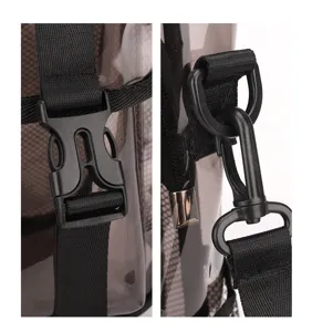 Close-up details of durable black straps, plastic buckles, and hardware on a transparent bag.