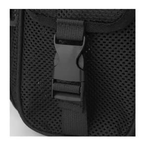Close-up detail of black mesh backpack showing breathable mesh fabric and plastic buckle.