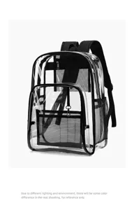 Detailansicht des transparenten PVC-Rucksacks mit klarem Material und schwarzen Netztaschen.