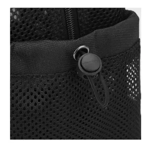 Black mesh backpack detail showing durable fabric texture and adjustable cord lock.