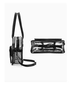 Clear PVC tote bag with multi-pockets and black trim, showing side and bottom details view.