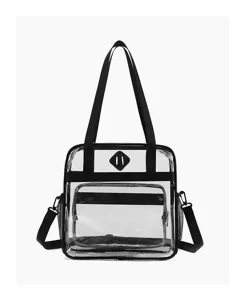 Clear PVC tote bag with black straps, multi-pocket design for travel, concert, and daily use.