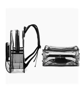 Detailansicht des transparenten PVC-Rucksacks mit klarem Material und schwarzer Kante.