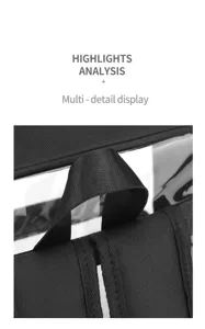 Nahaufnahme der transparenten PVC Schultasche, zeigt robuste schwarze Griff und Riemen.