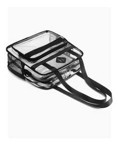 Clear PVC stadium bag with multiple compartments, black zippers, and handy side mesh pockets.