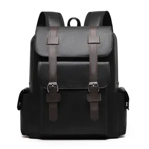 Zaino vintage nero in pelle PU casual da viaggio con cinghie e fibbie in metallo nero