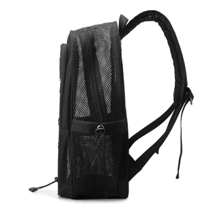 Zaino in rete nera, zaino scolastico traspirante, borsa sportiva da spiaggia di grande capacità.